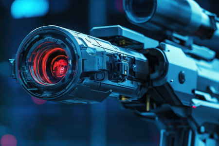 A close-up view reveals a sophisticated weapon featuring a bright red energy core, set against a sleek, modern backdrop.の素材