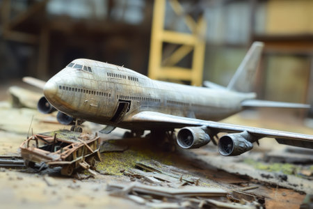 A detailed model of an abandoned airplane sits surrounded by scattered debris in an industrial environment.の写真素材