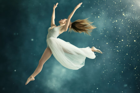 A dancer leaps exuberantly, showcasing elegance and strength while surrounded by shimmering stars.の素材