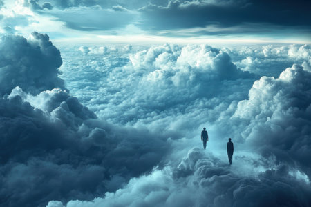 Two silhouettes navigate a dreamlike setting of billowing clouds beneath an ethereal sky at dusk.の写真素材