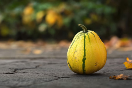 A yellow squash sits alone on a stone surface, surrounded by fallen autumn leaves in a natural setting.の写真素材