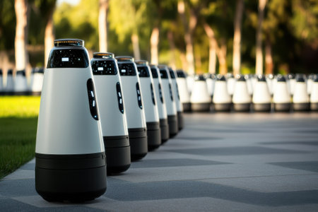 A row of robots stands in a well-manicured park, ready for an outdoor event on a sunny day.の写真素材
