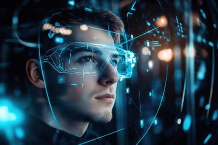 Young man immerses himself in advanced digital technology through smart glasses, exploring virtual worlds.の写真素材
