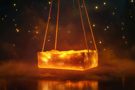 A glowing golden block hangs in a dark ambiance filled with shimmering particles, creating a magical effect.の写真素材