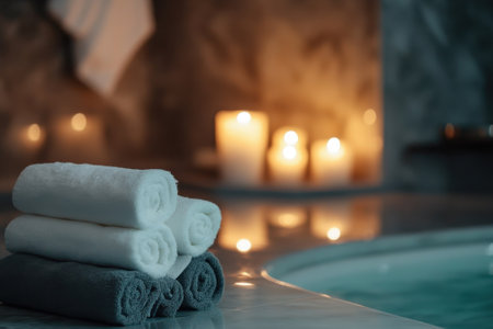 Soft towels are stacked near a warm bathtub while candles provide a calming ambiance within the spa.の写真素材