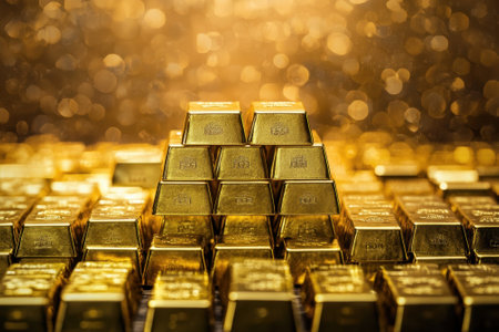 Stacks of gleaming gold bars create a visually striking display, illuminated by a warm golden background.の写真素材