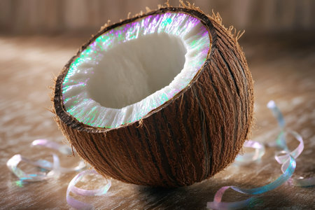 A coconut shell reveals its bright white interior, lit with vibrant reflections and surrounded by ribbon curls.の写真素材