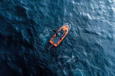 An orange boat travels across vibrant blue waters, creating waves and splashes in sunlight.の写真素材