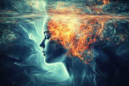 A woman's silhouette emerges with fiery hair, blending mystically into abstract smoke and water tones.の写真素材