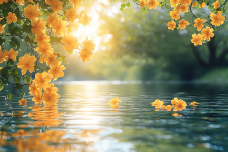Golden blossoms reflect on the calm water, illuminated by the soft morning light in a serene riverside setting.の写真素材