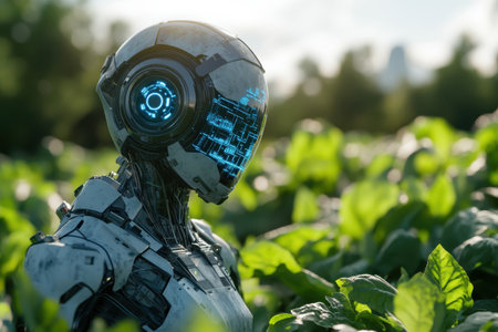 A robot with a lit face interacts with lush green plants during a serene sunset in the countryside.の写真素材