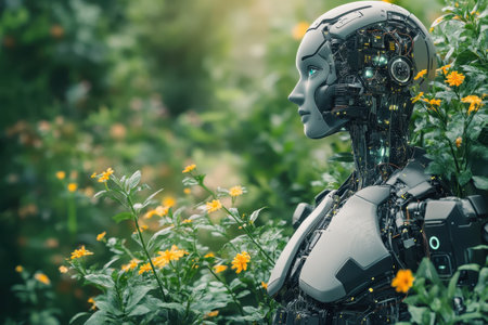 A humanoid robot stands among lush greenery and bright yellow flowers, showcasing technology and nature.の写真素材
