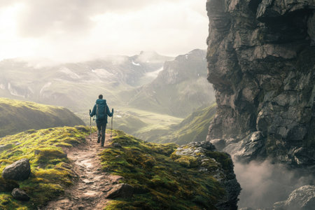 A person hikes along a rocky trail surrounded by green hills and towering cliffs, exploring nature.の写真素材