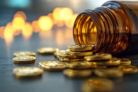 A collection of golden coins is poured out from a brown bottle, creating a mesmerizing display on the table.の写真素材