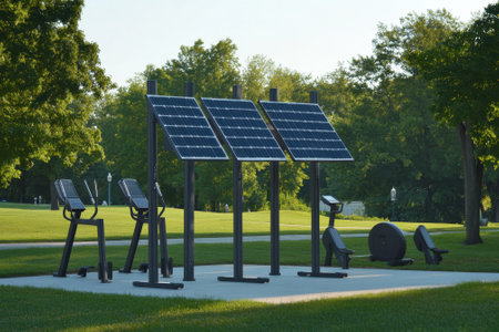 Solar panels stand alongside exercise equipment in a sunny park, promoting wellness and sustainability.の写真素材