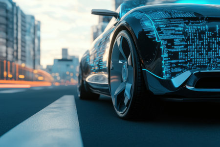 An electric car with illuminated digital patterns drives through a contemporary city during sunset.の写真素材