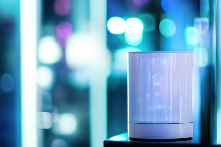 A stylish lamp glows softly against a backdrop of colorful city lights at night, creating an inviting atmosphere.の写真素材