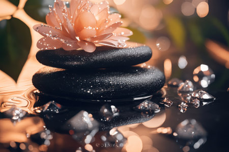 Calm setting featuring stacked black stones and a delicate flower, surrounded by sparkling gems, creating serenity.の写真素材