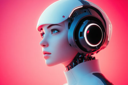 A humanoid robot with a sleek white design stands against a vibrant pink background, highlighting advanced tech.の写真素材