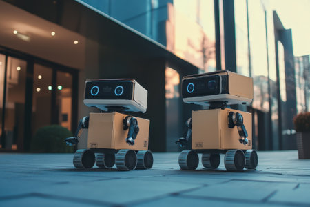 Two small robots with boxy design are navigating a contemporary city street, enjoying a sunny day.の写真素材