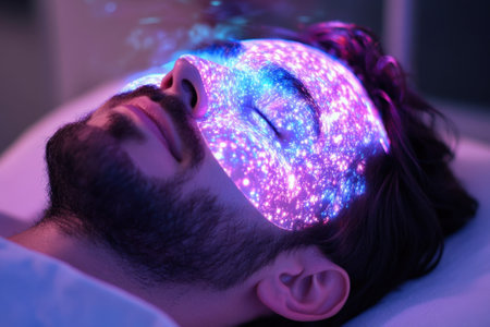Young man enjoys a unique facial treatment featuring a galaxy design, creating a calming spa experience.の写真素材