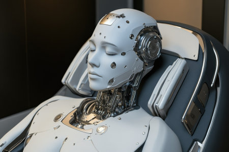 Humanoid robot with intricate details is seated, presenting a blend of art and technology in a contemporary setting.の写真素材