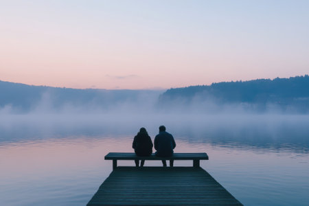 A couple sits on a wooden dock hand in hand, watching the fog roll over the calm lake at dusk.の写真素材