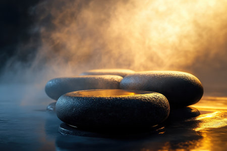 Smooth stones rest on a wet surface, surrounded by steam, creating a calming and soothing environment.の写真素材