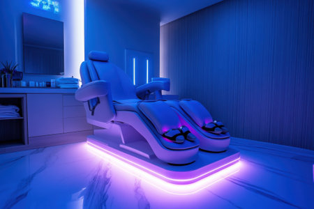 A tranquil spa setting featuring sleek massage chairs, soothing blue light, and a calming atmosphere for relaxation.の写真素材