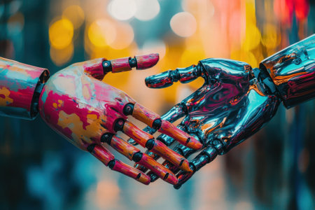 Two intricate robotic hands extend towards each other, showing a blend of colors and metallic sheen.の写真素材