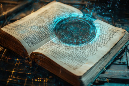 Open book with ancient text and a vibrant hologram projected above, suggesting magic and knowledge.の写真素材