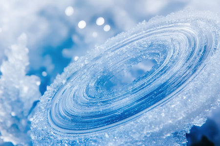 A frozen bubble captures intricate frost patterns while resting on white snow, creating a stunning winter display.の写真素材