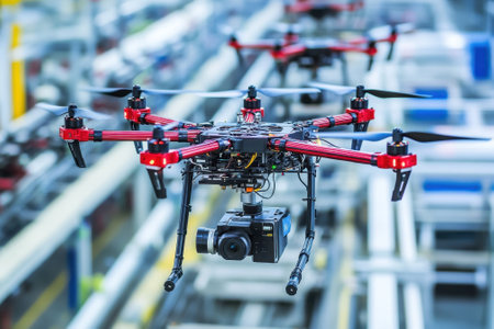 Unmanned aerial vehicle is captured in mid-flight inside a high-tech industrial setting.の写真素材