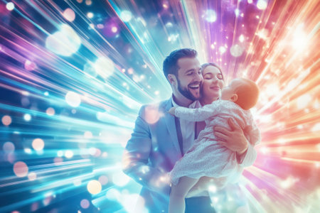 A happy family embraces each other, surrounded by colorful light bursts, radiating warmth and joy.の写真素材