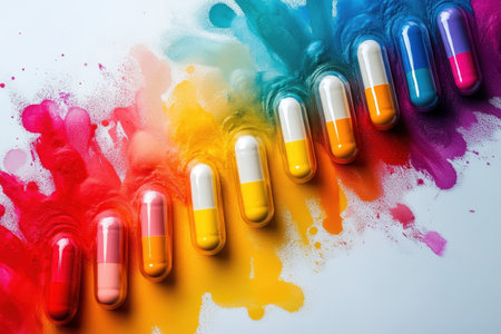 Brightly colored capsules line a rainbow of powder, creating a striking contrast against the white surface.の写真素材