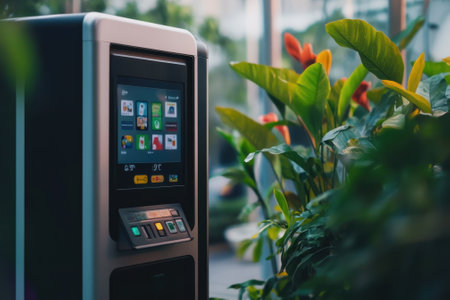 A modern vending machine stands next to lush green plants in a bright indoor environment, showing various items.の写真素材