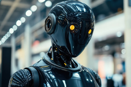 Humanoid robot with glossy exterior and illuminated eyes on display at a technology exhibition, captivating visitors.の写真素材