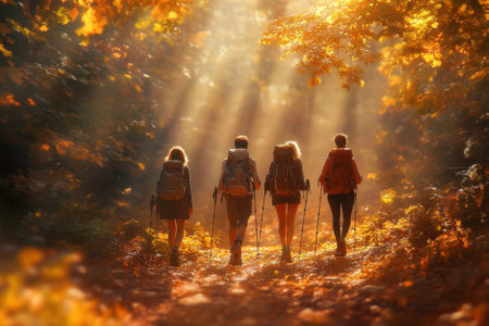 Four hikers with backpacks trek along a forest path surrounded by vibrant autumn foliage under soft sunlight.の写真素材