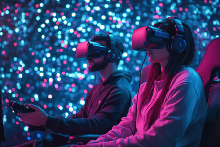 Two individuals experience immersive virtual reality gaming surrounded by vibrant lighting effects.の写真素材