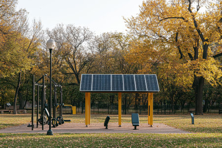An outdoor gym equipped with solar panels sits in a park filled with colorful autumn leaves.の写真素材