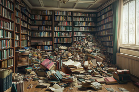 A spacious library corner shows numerous books stacked chaotically, filling the area with literary treasures.の写真素材