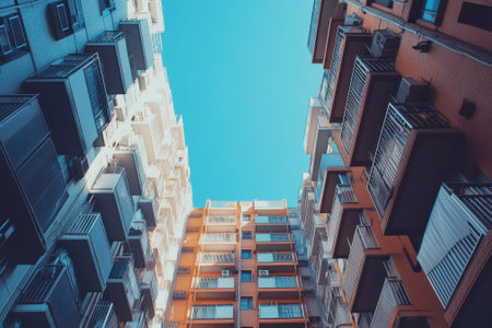 Brightly colored apartment buildings are captured from below, showing architectural details against a clear sky.の写真素材