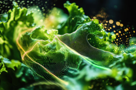 Close-up of fresh lettuce leaves showcasing rich textures and vibrant colors in a captivating display.の写真素材