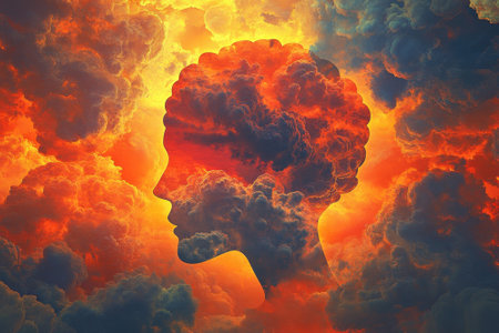 Silhouette of a head filled with swirling clouds in shades of orange and red, evoking deep thoughts or emotions.の写真素材