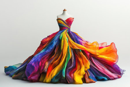 A stunning evening gown drapes elegantly on a mannequin with vibrant colors flowing throughout the fabric.の写真素材