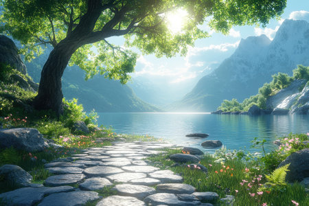 A peaceful trail lined with stones leads to a calm lake, framed by mountains and lush greenery.の写真素材