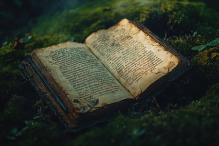 An open, weathered book lays on lush green moss, surrounded by tranquil forest elements and gentle light.の写真素材