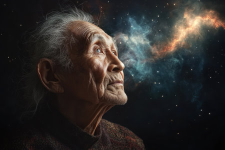An elderly man gazes thoughtfully upwards as vibrant cosmic elements swirl above him, evoking wonder.の写真素材