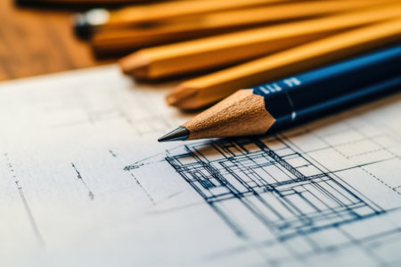 Detailed architectural drawing displayed on a wooden surface with pencils neatly arranged next to it.の写真素材