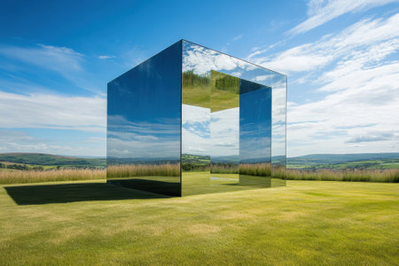 A large mirror sculpture is set in a grassy field, reflecting the sky and surrounding hills on a sunny day.の写真素材